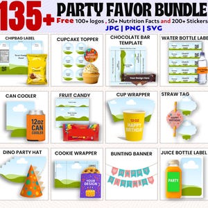Op de afbeelding: Een digitale feestartikelenbundel met meer dan 135 items, waaronder labels voor chipszakken, cupcake-toppers, sjablonen voor chocoladerepen, waterfleslabels, blikkoelers, snoepverpakkingen, bekerwikkels, rietjeslabels, feesthoedjes en slingers.