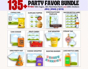 May include: A digital party favour bundle featuring 135+ items including chip bag labels, cupcake toppers, chocolate bar templates, water bottle labels, can coolers, fruit candy wrappers, cup wrappers, straw tags, party hats, and bunting banners.
