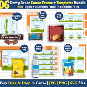 Party Favor Template Bundle: Chip Bag, Labels, Editable Canva (SVG, PNG, JPG) Digital Download
