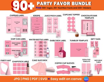 Paquete de 90 plantillas para regalos de fiesta Plantilla para fiesta Plantilla para bolsa de papas fritas Regalos de fiesta Capri Sun Ring Pop Etiquetas editables para botellas de agua de Canva Caja de zapatos