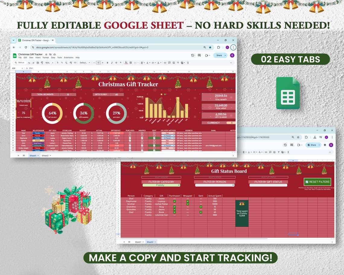Christmas Gift Tracker Holiday Planning Spreadsheet Festive Dark Mode ...