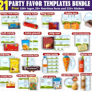 21 Party Favor Templates Bundle Party Template Chip bag Template Party Favors Capri Sun Ring Pop Canva Editable Water Bottle Labels Shoe Box