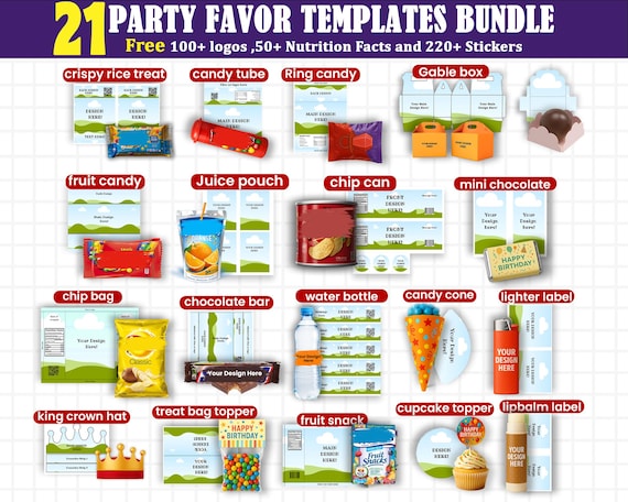 21 Party Favor Templates Bundle Party Template Chip bag Template Party Favors Capri Sun Ring Pop Canva Editable Water Bottle Labels Shoe Box