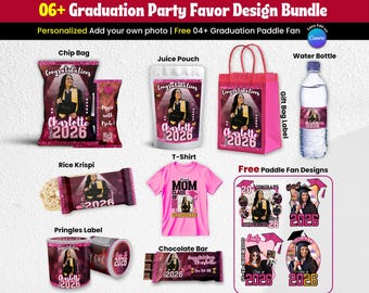 7X Graduation Party Favor Template Bundle, Pink And Black Canva Editable Graduation Treats Design, Party Favor Custom Water Labels, Chip Bag