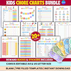 Editable Kids chore chart bundle daily checklist canva Responsibility Chart Allowance Screentime Behavior Reward chart