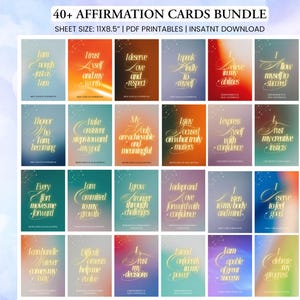 May include: A bundle of 40+ affirmation cards with a sheet size of 11x8.5 inches. Each card features a unique affirmation in elegant gold script against a colorful gradient background. The cards are designed as PDF printables for instant download.