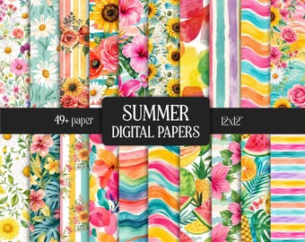 Summer Watercolor Floral Digital Papers Summer Backgrounds Scrapbook Paper Pack Printable Craft Paper Junk Journal Kit