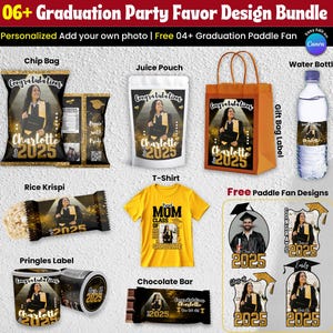 May include: A collection of graduation party favors, including chip bags, juice pouches, a tote bag, water bottle, rice krispies, a t-shirt, Pringles label, and a chocolate bar. Each item is personalized with a photo and the text "Charlotte 2025".