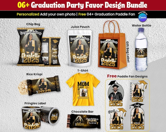 7X Graduation Party Favor Template Bundle, Gold And Black Canva Editable Graduation Treats Design, Party Favor Custom Water Labels, Chip Bag