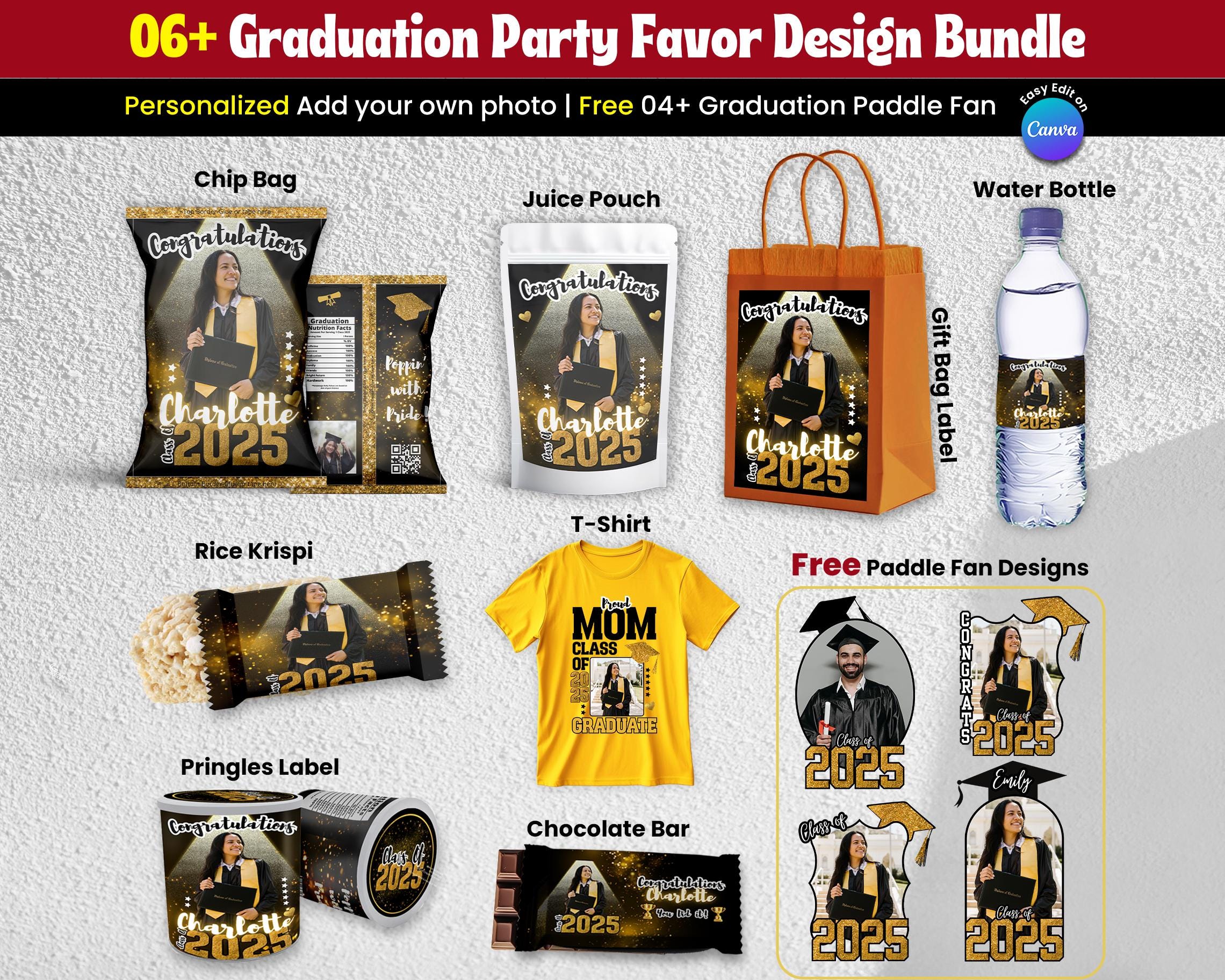 7X Graduation Party Favor Template Bundle, Gold And Black Canva Editable Graduation Treats Design, Party Favor Custom Water Labels, Chip Bag