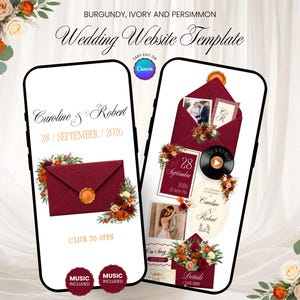 May include: A digital wedding website template displayed on two smartphones, featuring a burgundy, ivory, and persimmon color palette. The screens show floral arrangements, a wax-sealed envelope, photos, and text including Caroline & Robert.