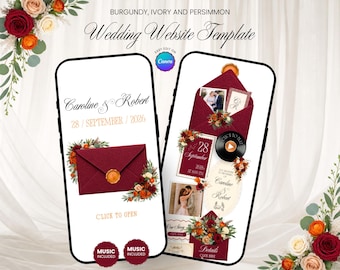 Burgundy, Ivory and Persimmon Floral Wedding Website Template with RSVP, Music and Countdown Timer: Editable Canva Design (Digital Download)