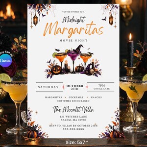Convite para Festa de Halloween com Margaritas à Meia-Noite | Vibrações Botânicas Góticas | Festa de Halloween com Tema de Bruxas (Modelo para Canva)