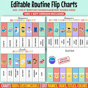 Puede incluir: Un gráfico de rutina imprimible de doble cara con el texto "Editable Routine Flip Charts". El gráfico incluye rutinas matutinas, después de la escuela y para dormir con tareas personalizables. El tamaño es de 27,9 x 21,6 cm.