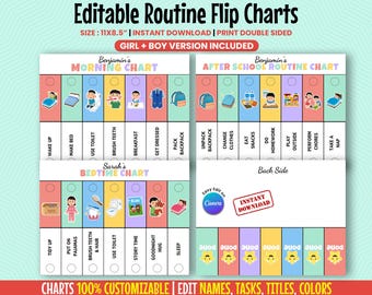 Editable Daily Routine Flip Charts for Kids Morning Afternoon & Bedtime Routine Chart Behavior Chart Boy Girl Version Canva Editable