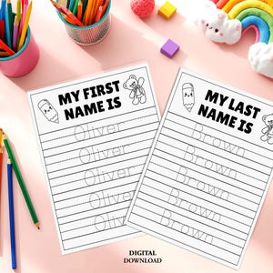 May include: Two white worksheets with the text "MY FIRST NAME IS" and "MY LAST NAME IS" with tracing lines for the names "Oliver" and "Brown". The image includes colourful pencils, a pink pencil holder, and decorative toys.