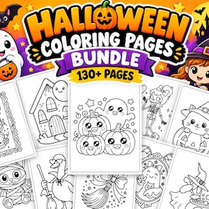 May include: A digital Halloween coloring pages bundle featuring the text HALLOWEEN COLORING PAGES BUNDLE 130+ PAGES. The image displays various black and white line art illustrations including ghosts, pumpkins, a witch, a cat, and a skeleton.