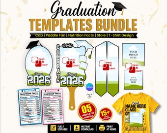 Graduation Stole Templates Bundle | Cap, Paddle Fan, Nutrition Facts & T-Shirt Design | Editable Graduation Party Decor | Canva Drag Drop