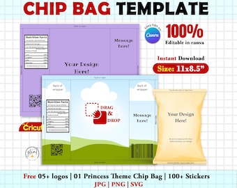 May include: A digital chip bag template with the text "CHIP BAG TEMPLATE" at the top. The design includes areas for custom text and graphics, with a size of 27.9 x 21.6 cm. The template is editable in Canva and available for instant download.
