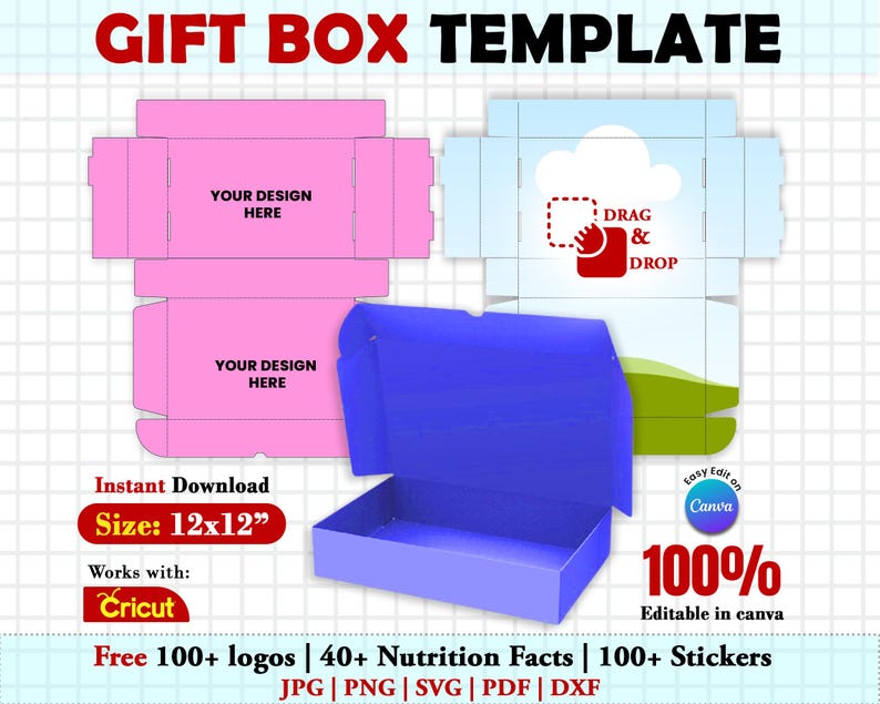 May include: A gift box template with a blue assembled box and two flat-lay designs in pink and blue. The pink design has text that says "YOUR DESIGN HERE". The blue design has a cloud graphic and the words "DRAG & DROP". The size is 12x12 inches.