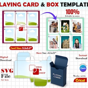 May include: Digital playing card and box templates. The image shows playing card designs with a card size of 2.5 x 3.5 inches and a sheet size of 8.5 x 11 inches. The templates are editable in Canva and work with Cricut.