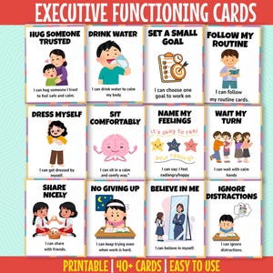 Puede incluir: Un conjunto de tarjetas de funcionamiento ejecutivo coloridas con ilustraciones y texto. Las tarjetas cubren temas como "Abrazar a alguien de confianza", "Beber agua" y "Establecer una pequeña meta". Las palabras "PRINTABLE | 40+ CARDS | EASY TO USE" están en la parte inferior.