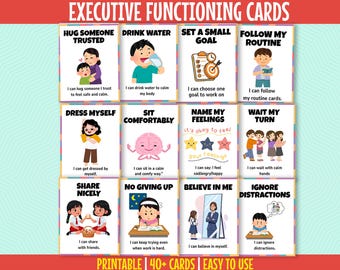 48 ADHD Executive Functioning Flashcards For Kids, Executive Functioning Wheel, Managing ADHD, Self Regulation Montessori