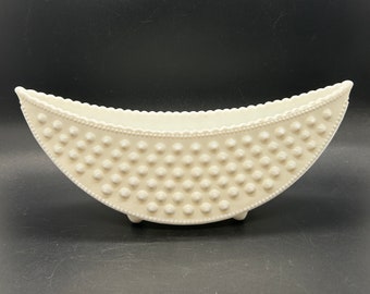 Fenton Art Milk Glass Hobnail 10'' x 3 3/4 in tall Crescent Planter 1960s Assemblage