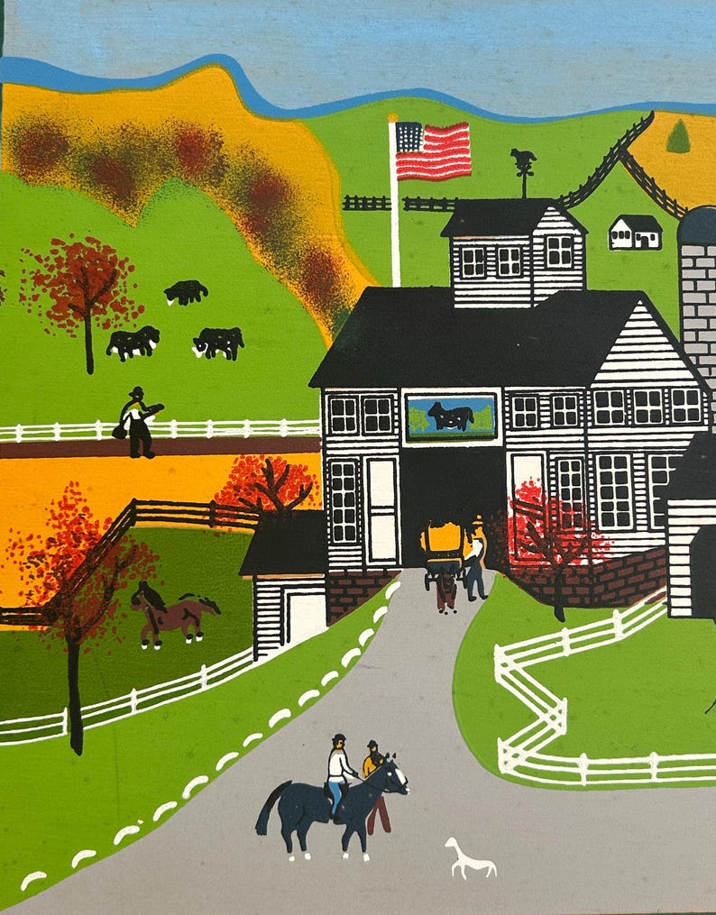 Original Folk Art Painting by Kathy 1986, Farm Scene, Acrylic on Panel ...