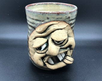 Vintage Hand Thrown Pottery Face Mug with Handle Old Man Big White Teeth Big Nose