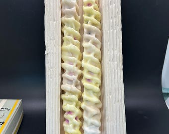 Vintage Kameyama Hand-Dipped Spiral Candles – Set of 2 Pastel Japanese Taper Candles in Original Box.  B6