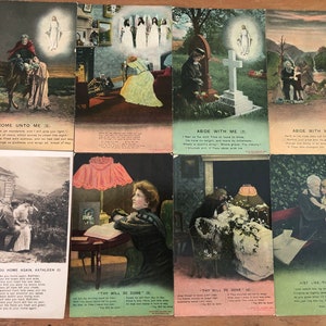 May include: Set of 10 vintage postcards featuring religious imagery and poetry. The postcards are printed in black and white and color, and depict scenes of faith, hope, and love. The text on the postcards includes verses from the Bible and other religious writings.