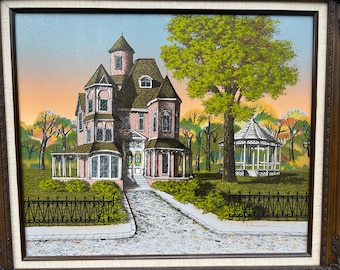 Framed Victorian House Serigraph, H. Hargrove Sunset Landscape Art