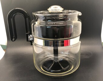 Vintage Gemco Brand The Glass-Perk Coffee Percolator Pot 4 to 8 Cups Black Used in Box Made in New York 1985