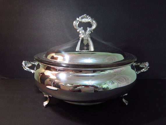 Vintage F. B. Rogers Silver Co. Covered Electric Warming Casserole Dish  Pyrex Insert 