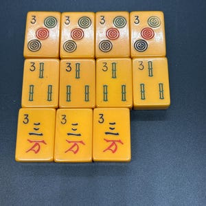 Mahjong Individual Bakelite Plastic Butterscotch Tiles, Three's, #3's image 1