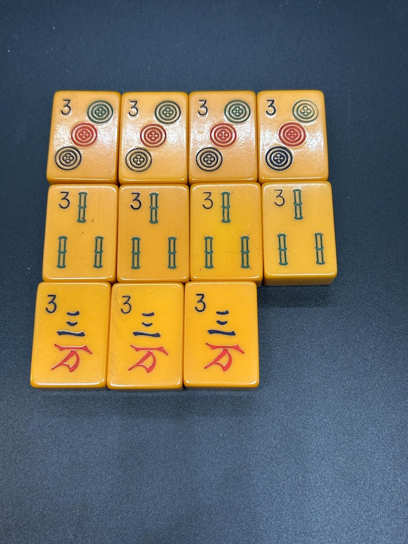 Mahjong Individual Bakelite Plastic Butterscotch Tiles, Three's, #3's image 1