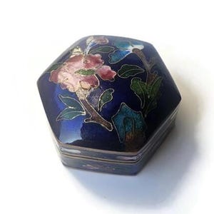Vintage cloisonné blauw email - bloemen oriëntaals zeshoekig sieraaddoosje