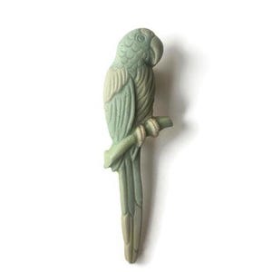 Vintage Green Celluloid Early Plastic &#39;Parrot on Branch&#39; Bird Brooch Pin