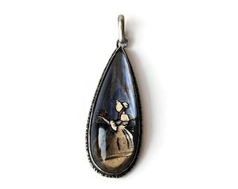 Antique 1920s TLM Hand-Painted Victorian Lady Sterling Silver Morpho Teardrop Butterfly Wing Pendant