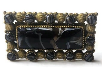 Antique Pinchbeck Banded Agate Mourning Brooch Pin, Victorian / Georgian