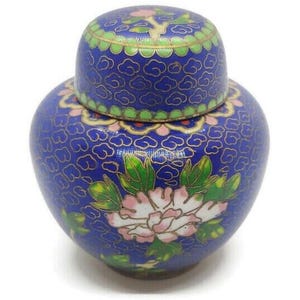 Vintage Cloisonné Blue Enamel - Floral Oriental Small Lidded Ginger Jar Pot