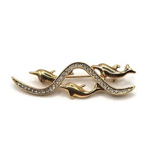Vintage &#39;Dolphins In The Waves&#39; Gold Tone Rhinestone Crystal Brooch Pin