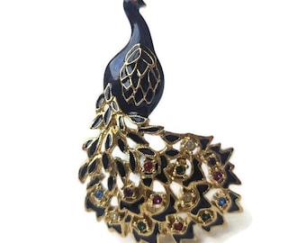 Vintage Enamelled & Multiclour Rhinestone Peacock Brooch Pin