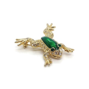 Vintage groen geëmailleerde en strass kristal goudkleurige kikker brochespeld