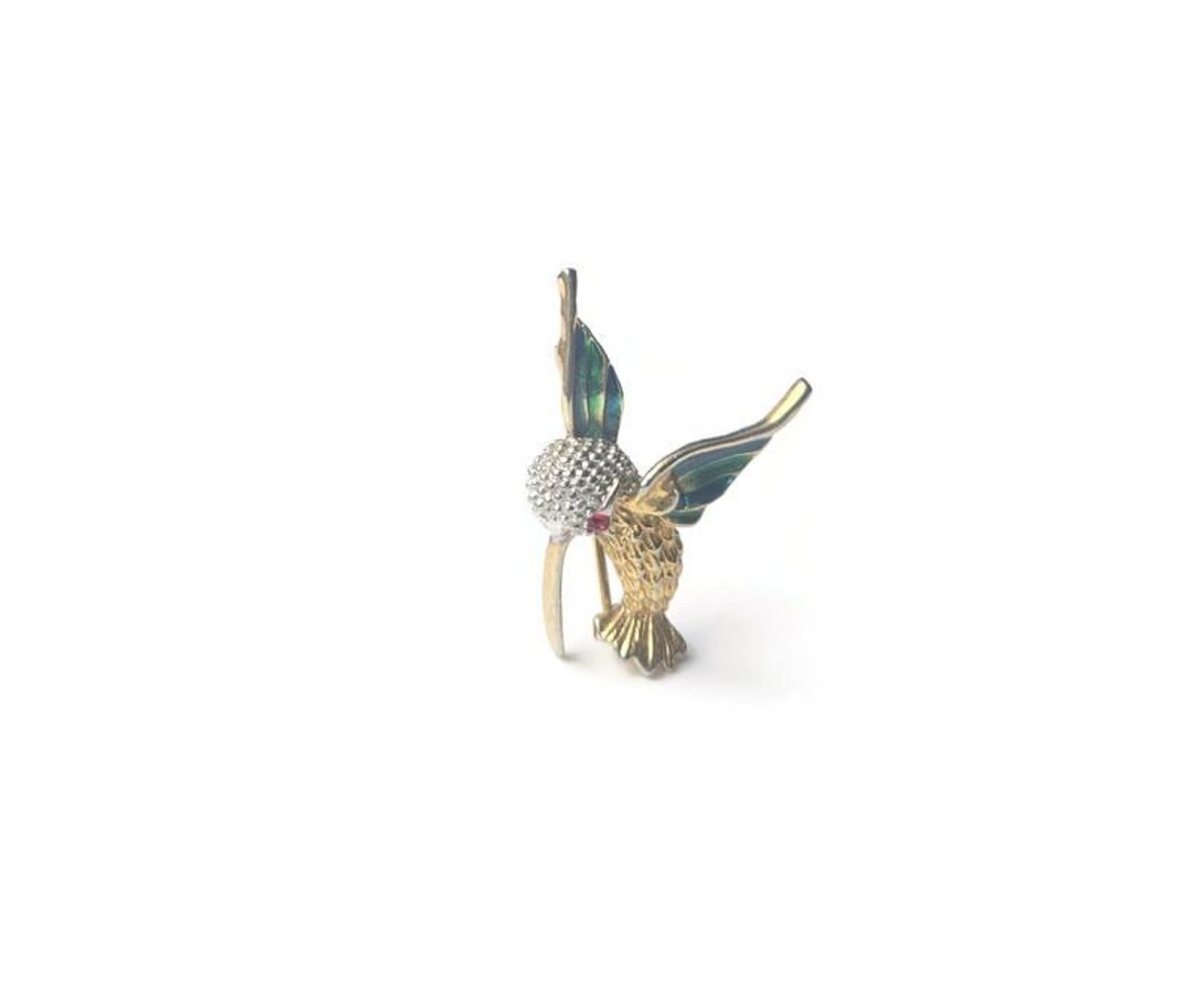 Vintage Enamelled & Rhinestone Gold Tone Hummingbird Brooch Pin
