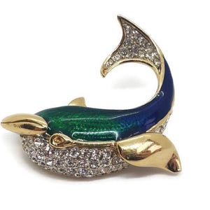 Vintage Attwood & Sawyer Crystal Dolphin/Whale Brooch - 1980s 22ct Gold Enamel Pin