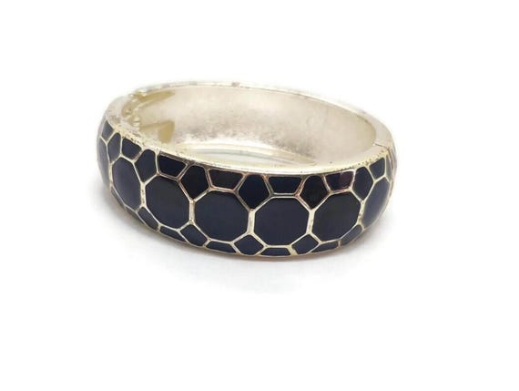 Vintage Black Hexagonal Patterned Silver Toned Ba… - image 1