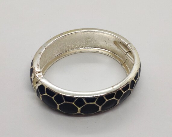 Vintage Black Hexagonal Patterned Silver Toned Ba… - image 4