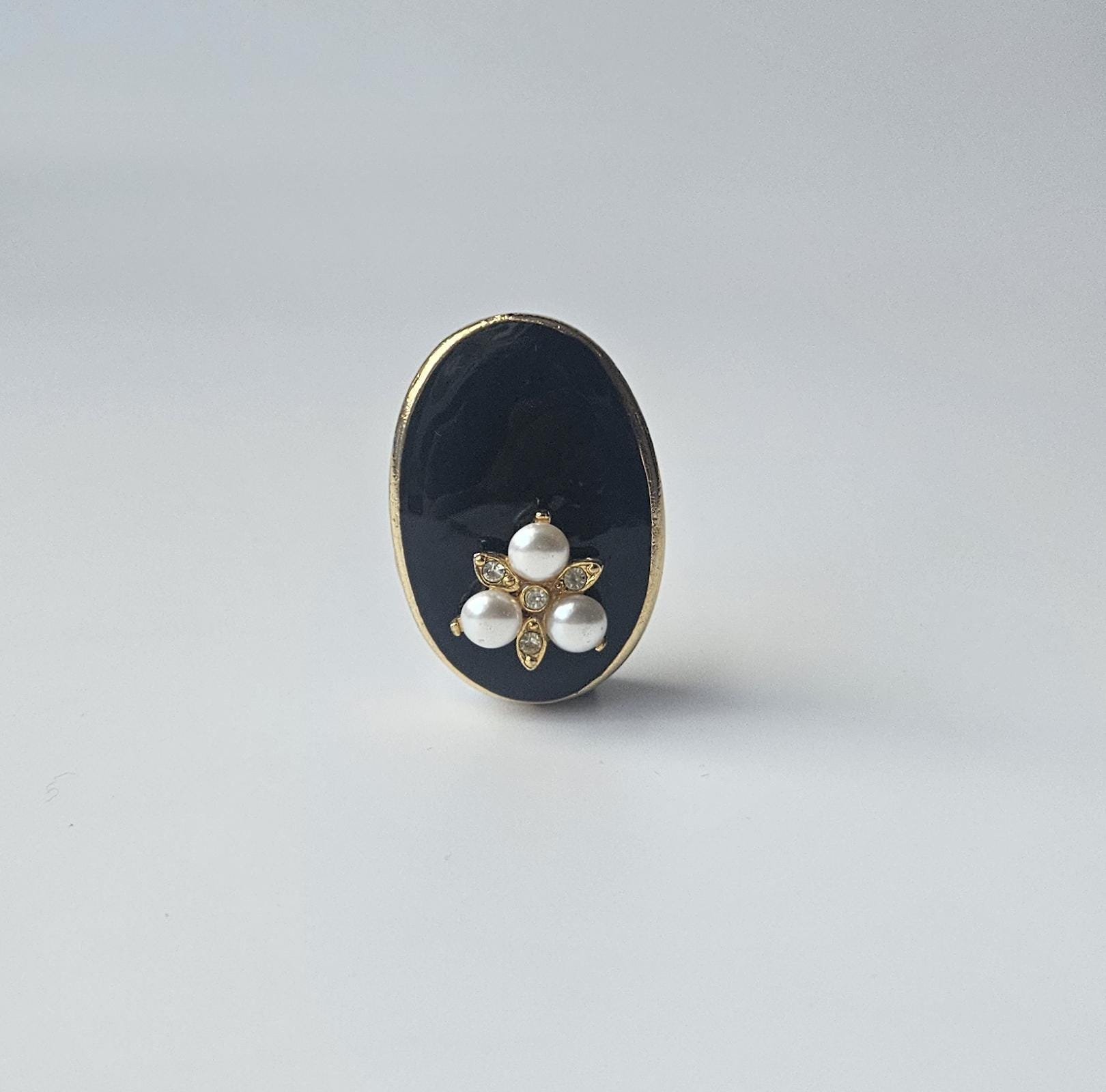 Vintage FLORIDAN Black Enamel Flower Brooch: Diamante & Faux  display picture 1